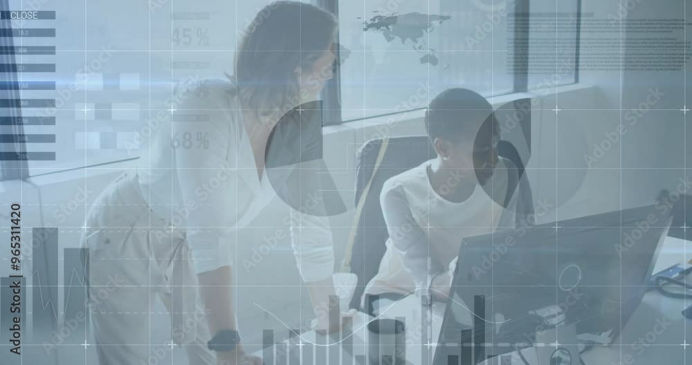 Poster animation of financial data processing over diverse colleagues discussing work in office