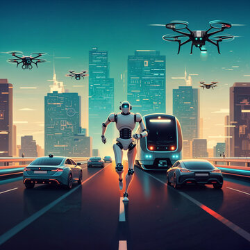 an android robot runs through a futuristic city surrounded by drones and other vehicles. Generative AI