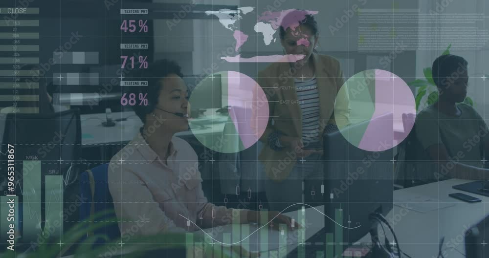 Poster animation of financial data processing over diverse colleagues discussing work in office