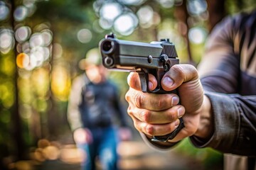 A close-up of a hand grasping a pistol, finger on the trigger, with a blurred background, conveying a