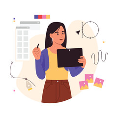 Vector illustration of graphic designer girl.Cartoon scene of a girl holding a tablet and a stylus, creating an illustration, in a graphic editor, a pen, a circle, a cursor, a palette of colors, tabs.