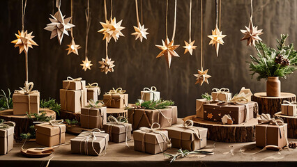 Illustrations of decorated Christmas trees, ornaments, lights, wreaths, and gifts.
