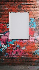A blank canvas against a vibrant graffiti wall, perfect for showcasing art or adding urban flair to any project.