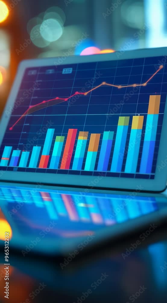 Poster a tablet with a graph on it showing a downward trend. the graph is blue and red with a yellow line