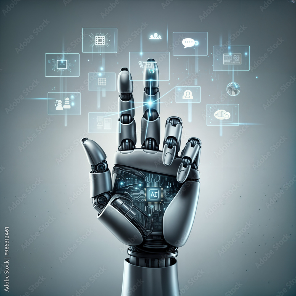 Poster robot hand, artificial intelligence and technology background . generative ai