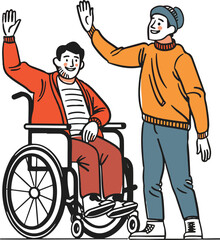 
A man in a wheelchair is waving and smiling, while another person stands next to him helping with his hand.vector illustration 