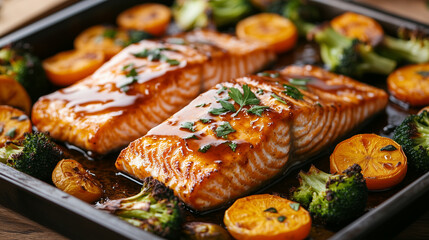 a baking tray with teriyaki salmon and oven-baked vegetables such as carrots and broccoli, healthy food with lots of omega 3, deliciously grilled fish