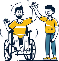 
A man in a wheelchair is waving and smiling, while another person stands next to him helping with his hand.vector illustration 