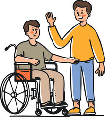 
A man in a wheelchair is waving and smiling, while another person stands next to him helping with his hand.vector illustration 