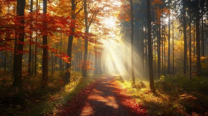 Fototapeta premium Serene forest pathway in autumn, with vibrant leaves in red, orange,