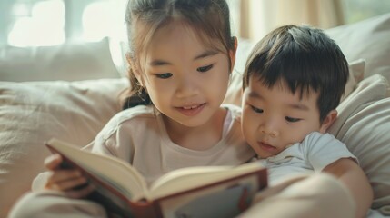 Fototapeta premium The brother and sister are smiling as they read a funny story in their cozy home.