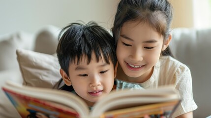 The brother and sister are smiling as they read a funny story in their cozy home.