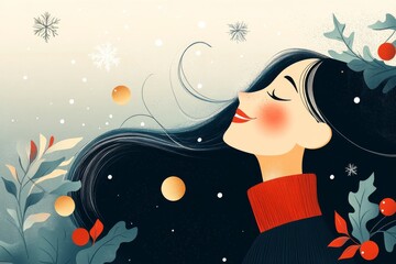 A joyful woman surrounded by winter decorations and snowflakes, capturing the festive spirit of the season. Ideal for holiday cards and winter-themed projects.