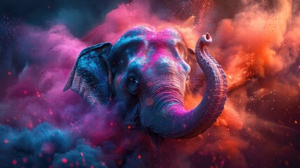 Obraz premium Elephant in holi Paint Dust , happy holi indian festival concept.