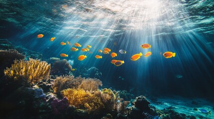 Naklejka premium Vibrant underwater scene featuring a school of colorful fish swimming among coral reefs,