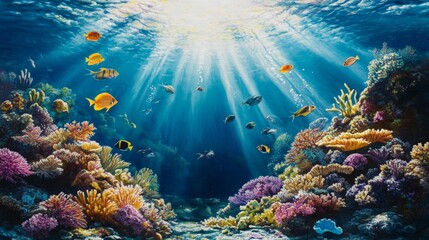 Naklejka premium Vibrant underwater scene featuring a school of colorful fish swimming among coral reefs,