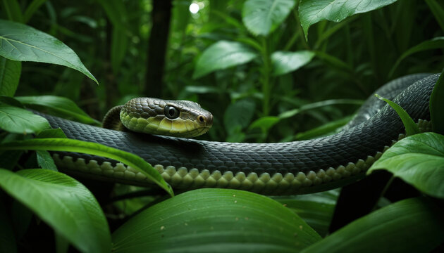 Scary green snake among the green bushes in the forest