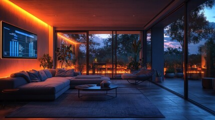 Naklejka premium Smart home energy management system in a modern living room at dusk