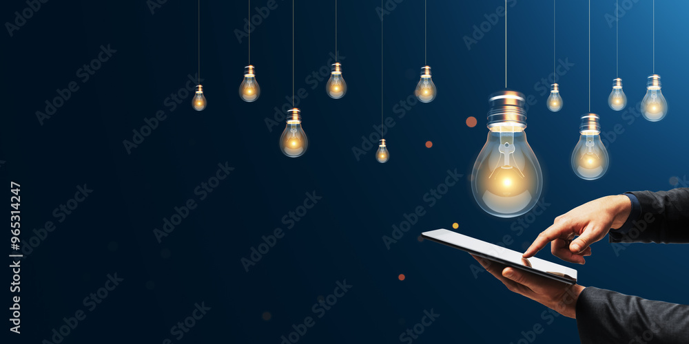 Poster close up of businessman hand using smartphone with glowing lamps on dark blue background with mock u