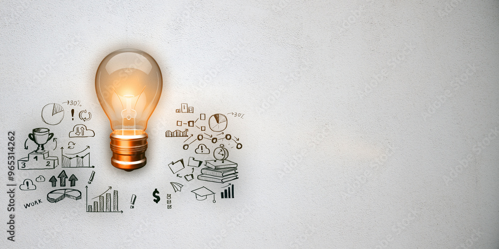 Poster close up of glowing lamp on white concrete wall background with business sketch and mock up place. i
