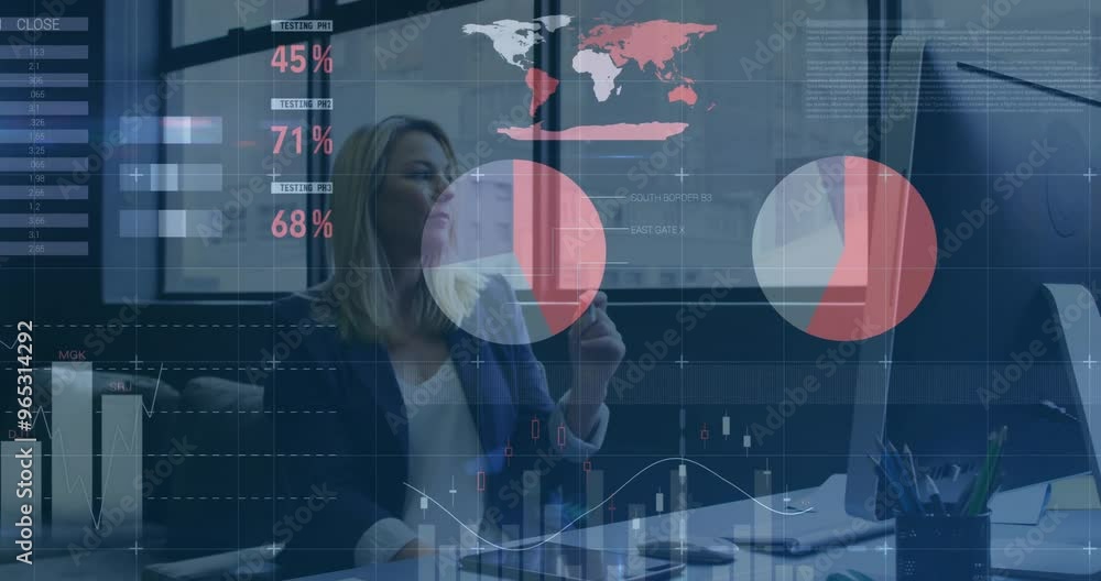 Poster animation of financial data processing over caucasian businesswoman using computer in office