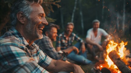 Obraz premium The campfire lights up the smiling faces of middle-aged friends on a crisp autumn evening.