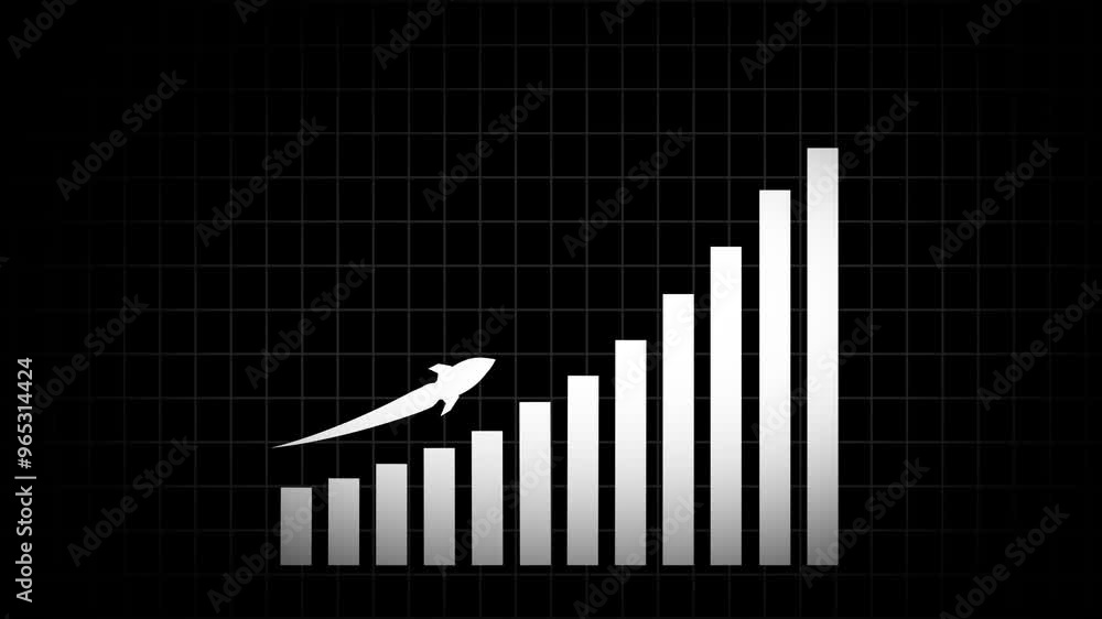 Poster arrow rising on graph with rocket sale symbols. abstract business growth and graph chart icon animat