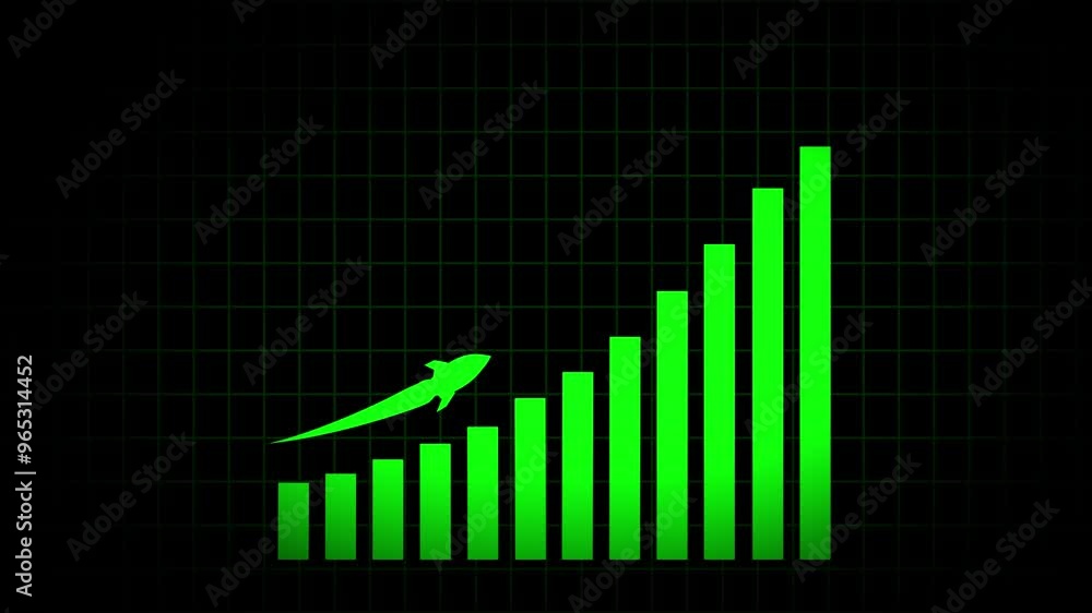 Poster arrow rising on graph with rocket sale symbols. abstract business growth and graph chart icon animat
