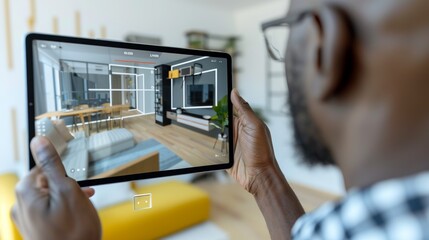 The man holds a tablet displaying AR technology, previewing virtual furniture and decoration for his contemporary living space.