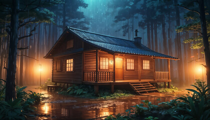 Wooden house in the dark and foggy night in the middle of the forest