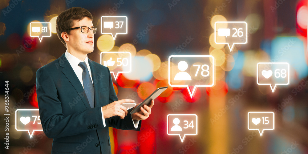 Poster attractive happy young european businessman using pad with creative social media icons on blurry bok