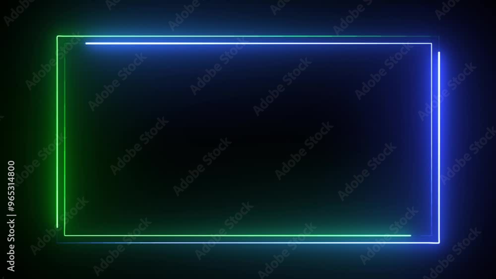Poster neon glowing rectangle animation. 4k video. square rectangle picture frame with two tone neon color 
