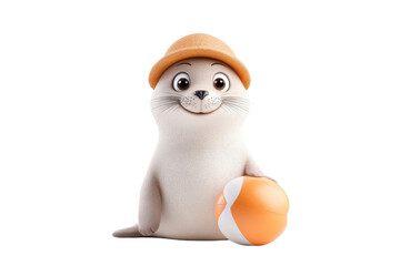 Fototapeta premium A cheerful cartoon seal wearing a hat, holding a beach ball, perfect for summer-themed s and children's content.