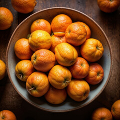 A view of a bowl full of tangerines on a wooden table