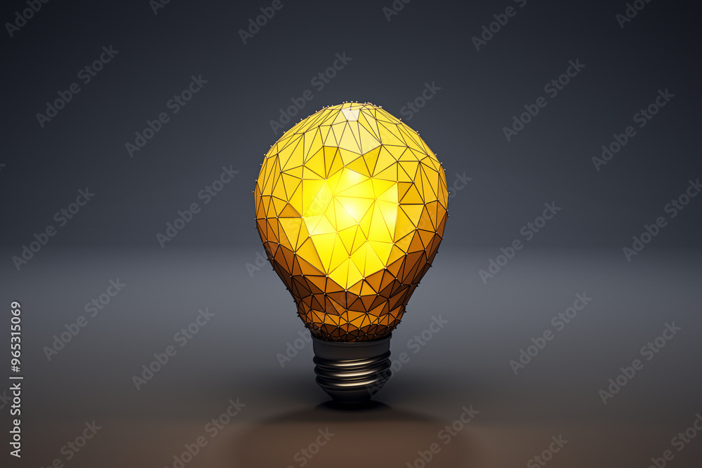 Poster Creative illuminated triangular polygonal lamp on black background. Idea, innovation and inspiration concept. 3D Rendering.