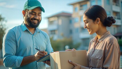 Obraz premium An Indian delivery person obtaining a signature confirmation from a customer, highlighting secure delivery practices.
