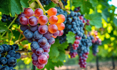 Ripe grapes Hanging on tree with vineyard background.