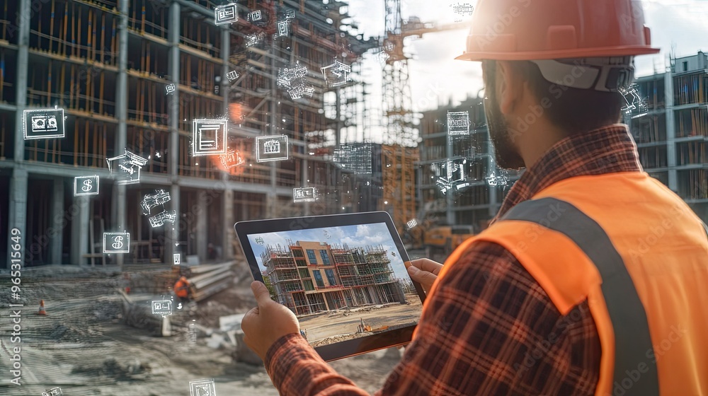 Aufkleber a construction worker showing a digital rendering of a residential building on a tablet, while a bus