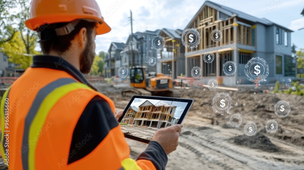 Poster a construction worker showing a digital rendering of a residential building on a tablet, while a bus
