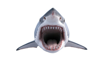 A fierce shark displays its wide-open mouth, showcasing sharp teeth, symbolizing the power and mystery of ocean predators.