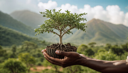 Growing a tree in the hands of an african man with nature background
