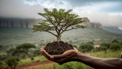 Growing a tree in the hands of an african man with nature background