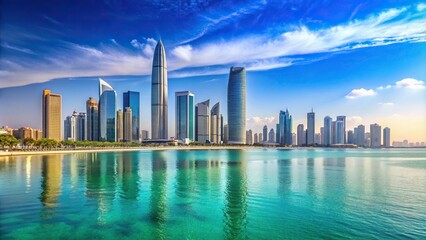 Obraz premium architecture, beach, waterfront, Middle East, Downtown Abu Dhabi shining under the sun with the backdrop of the sea and towering skyscrapers representing a sunny summer in the UAE