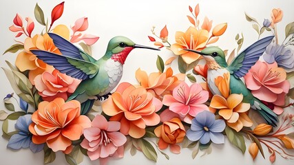 Create a smooth texture using hummingbirds and an ethnic floral arrangement. watercolor artwork