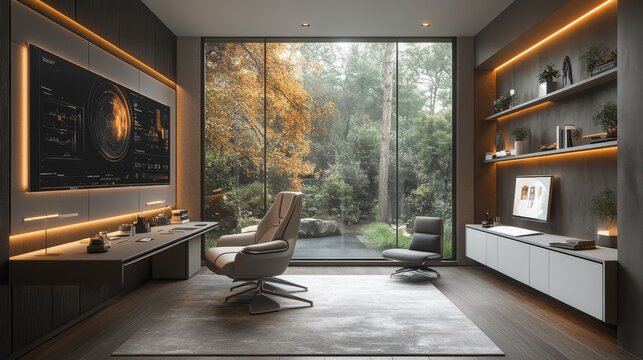 Modern smart home office featuring a holographic project planner and a serene outdoor view