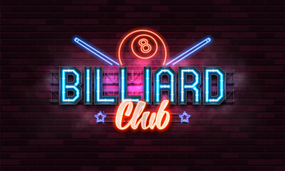 Billiard club banner with neon signs on brick wall background. Vector illustration.