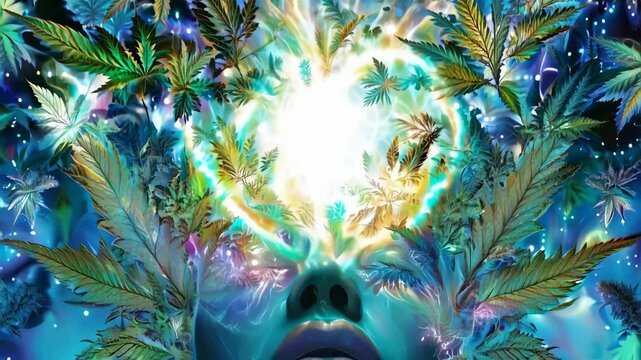 Psychedelic animation of a face with glowing light and cannabis leaves