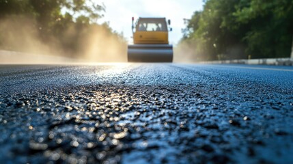 A detailed view of fresh asphalt on a road, with a steamroller in the distance preparing to flatten and smooth the surface during road repairs.