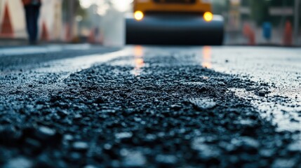 A detailed view of fresh asphalt on a road, with a steamroller in the distance preparing to flatten and smooth the surface during road repairs.