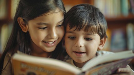 Obraz premium The siblings' faces light up as they read, enjoying a quiet and peaceful moment together.